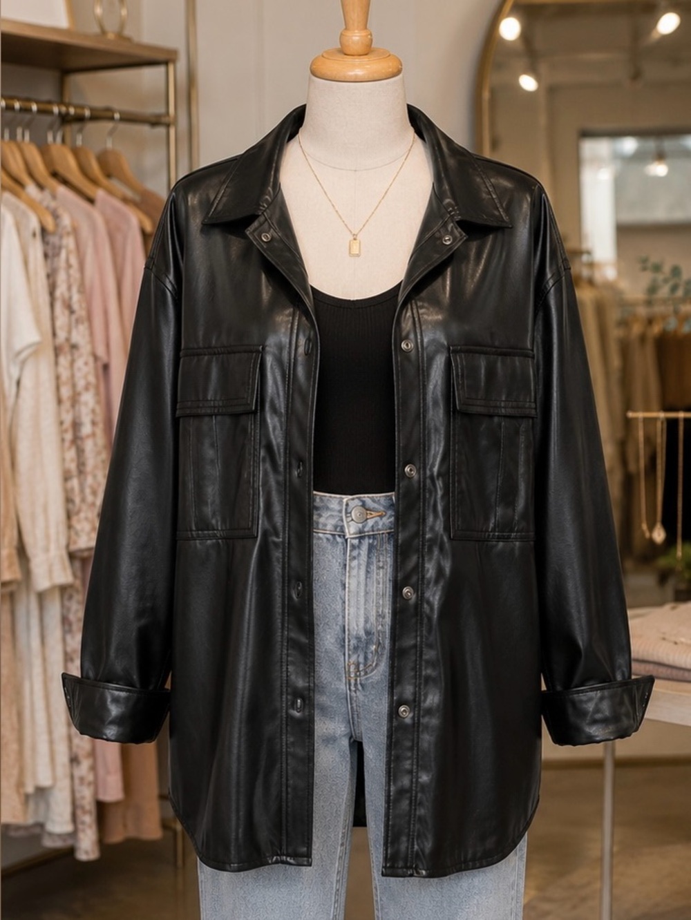 Oversized Black Faux Leather Button-Up Coat